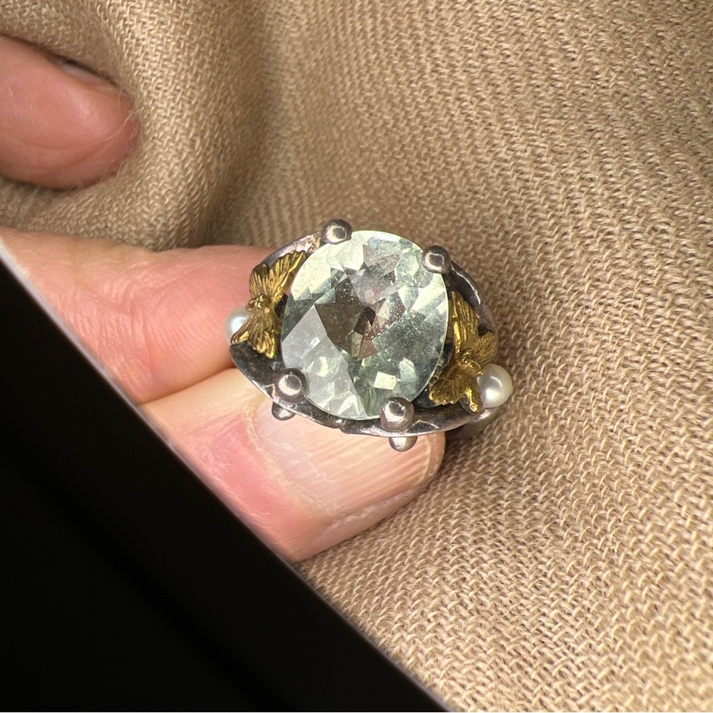 Ann king sterling silver 18K green amethyst/prasiolite pearl butterfly ring - Picture 12 of 16